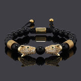 Luxury Black Stone Beads Man Bracelet Leopard Head Charms Women Bracelets Couple Jewelry Valentine'S Day