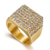 Iced Out Bling Big Square Ring, Gold Color Stainless Steel Cubic Zirconia