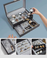 2024 New 12 Slot Leather Lockable Watch Storage Boxes,Men & Women'S Jewelry Display Drawer Case, 2-Tier Organizer Watch Showcase