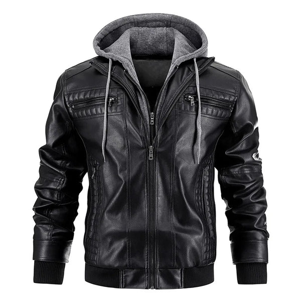 Men'S Leather Jacket Motorcycle Slim Fit Hooded PU Coat Top Autumn Winter Casual Windproof Men'S Clothing Detachable Hat S-XXXL