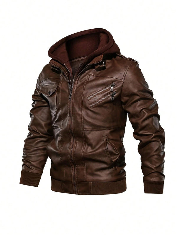 Men'S Casual Retro Multi-Pocket Motorcycle Style Pu Leather Hooded Jacket for Fall/Winter