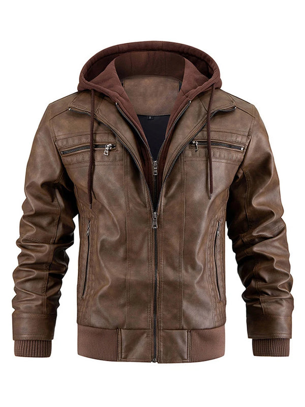 Men'S Leather Jacket Motorcycle Slim Fit Hooded PU Coat Top Autumn Winter Casual Windproof Men'S Clothing Detachable Hat S-XXXL